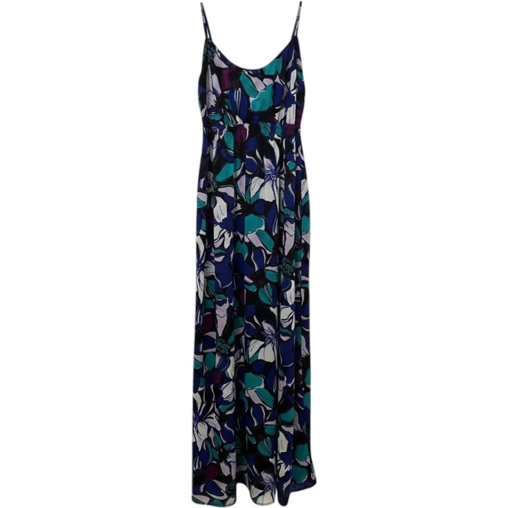 ELLE Womens Floral Maxi Dress Purple Teal Blue Empire Waist Smocked Large